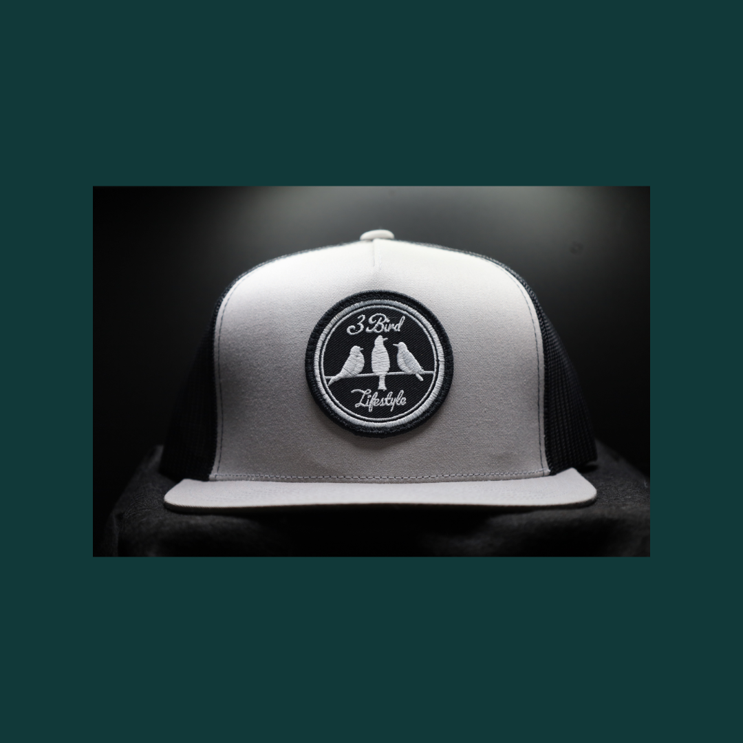 Old School Flat Bill Trucker • Silver & Black • 3 Bird Lifestyle Patch