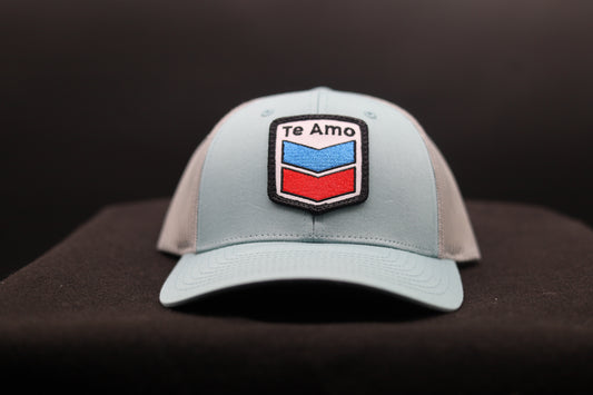 3 Bird Lifestyle Low Profile Trucker Hat • Smoke Blue & Aluminum• Te Amo (Blue and Red) Patch