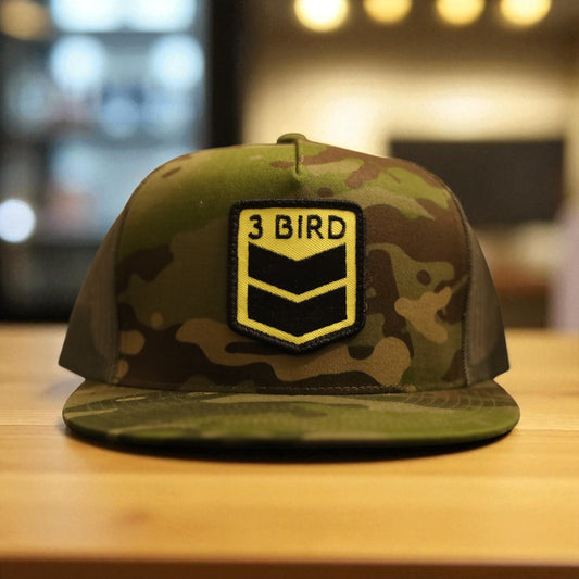 3 Bird Lifestyle Flat Bill Trucker • Multicam Tropic & Green • 3 Bird Patch