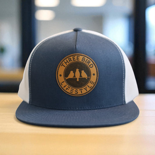 3 Bird Lifestyle Flat Bill Trucker • Navy & White • 3 Bird Lifestyle Leather Patch