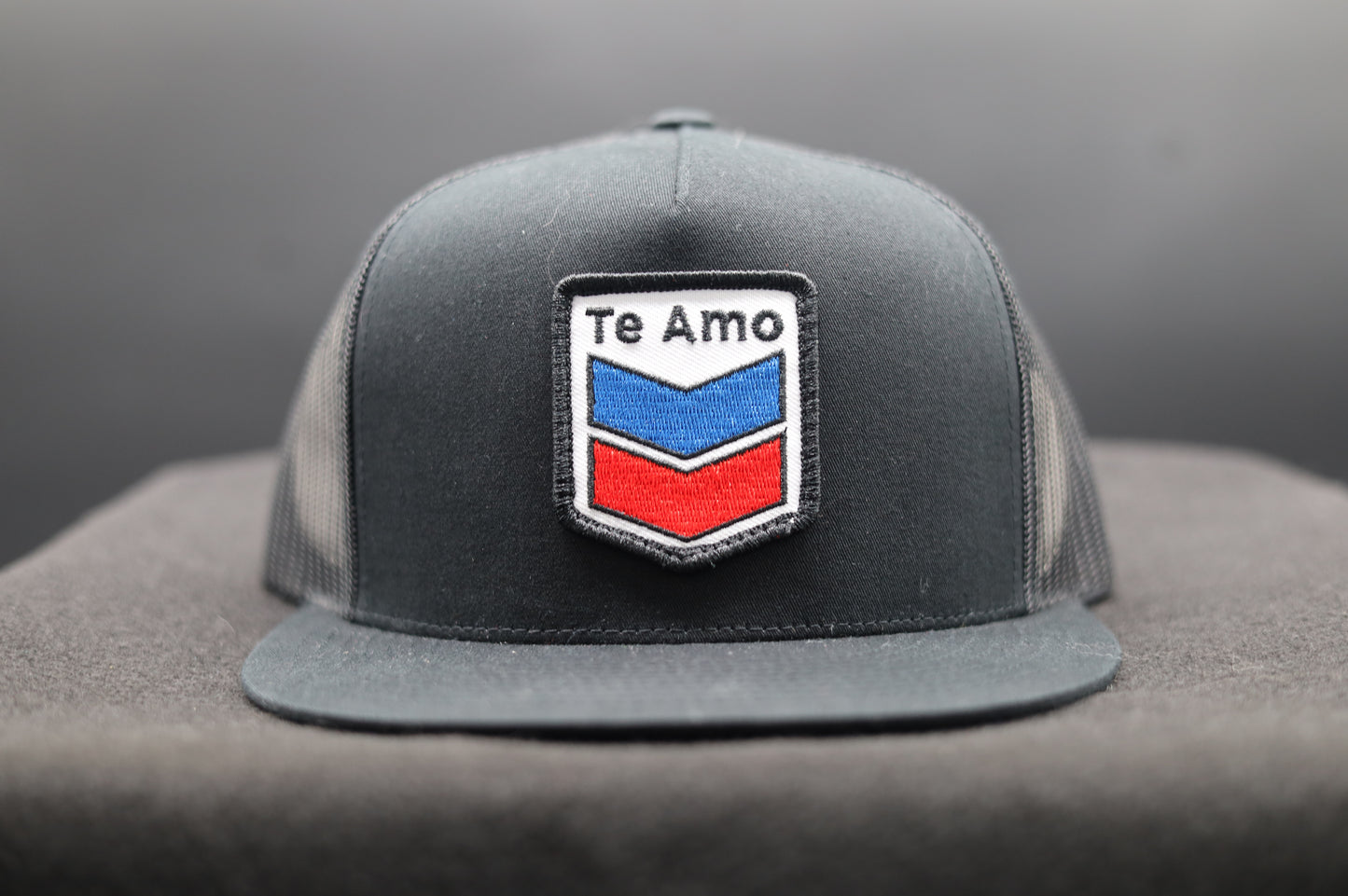 Old School Flat Bill Trucker • Black •  Te Amo (Blue and Red) Patch