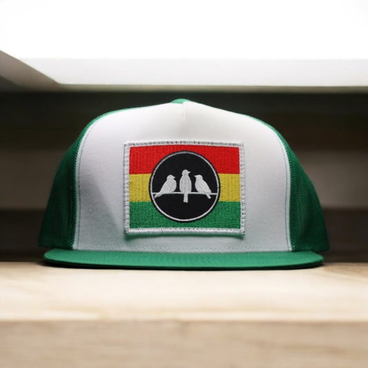 3 Bird Lifestyle Flat Bill Trucker
 •Green and White • 3 Bird Rasta Flag Patch