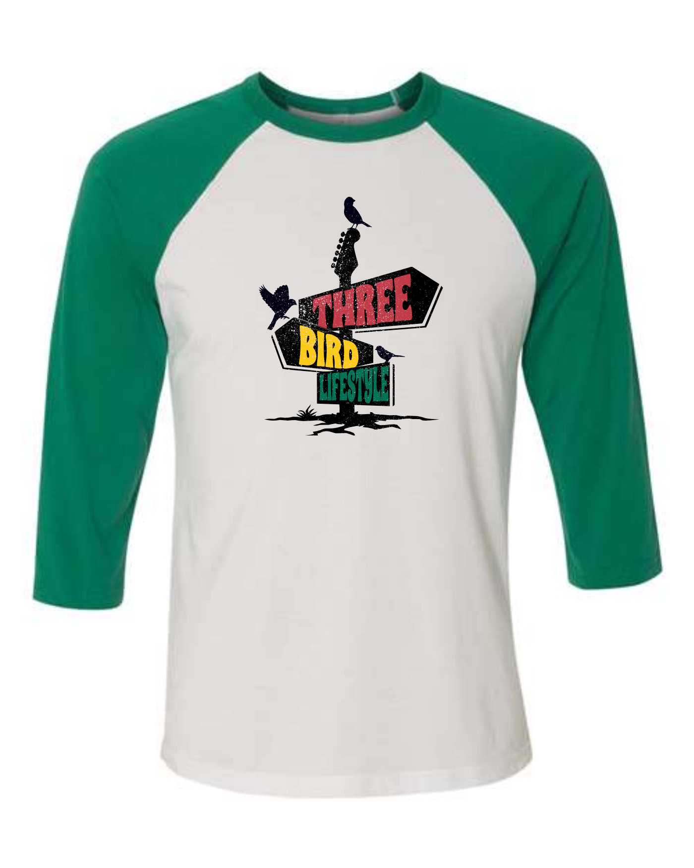 3 Bird Lifestyle Raglan • Three-Quarter Sleeve Baseball Tee • Green & White