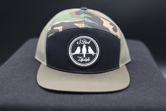 Seven-Panel Trucker •Black & Camo & Loden • 3 Bird Lifestyle Patch