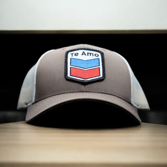 3 Bird Lifestyle Low Profile Trucker Hat • Brown/White • Te Amo( Blue & Red) Patch