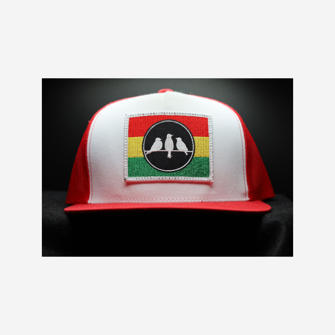 3 Bird Lifestyle Flat Bill Trucker •Red and White • 3 Bird Rasta Flag Patch