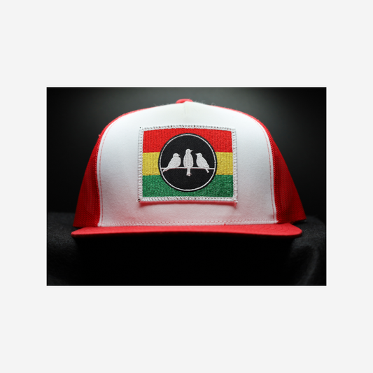 3 Bird Lifestyle Flat Bill Trucker •Red and White • 3 Bird Rasta Flag Patch