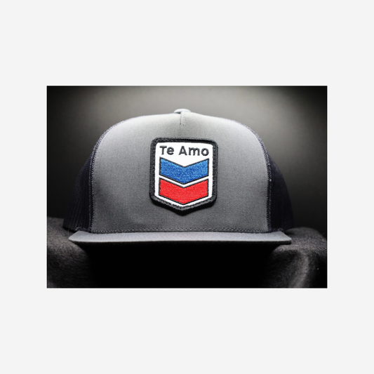 3 Bird Lifestyle Flat Bill Trucker • Charcoal • Te Amo (Blue & Red) Patch