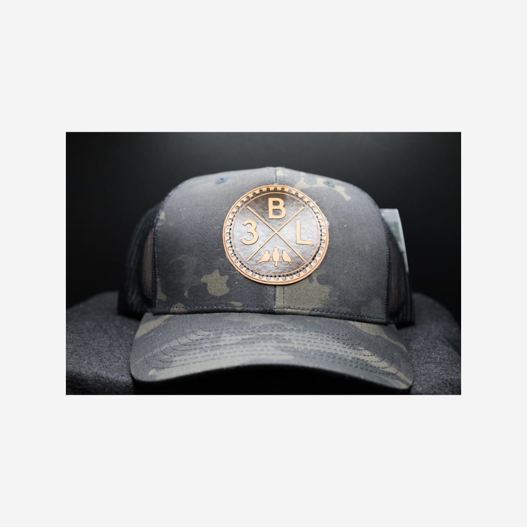 3 Bird Lifestyle Trucker Hat •Multicam Black & Black • Leather Patch 3BLX