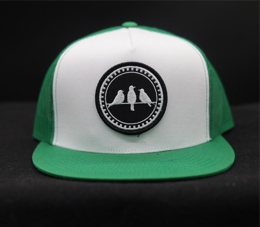 Old School Flat Bill Trucker • Green & White• 3 Birds Only Patch