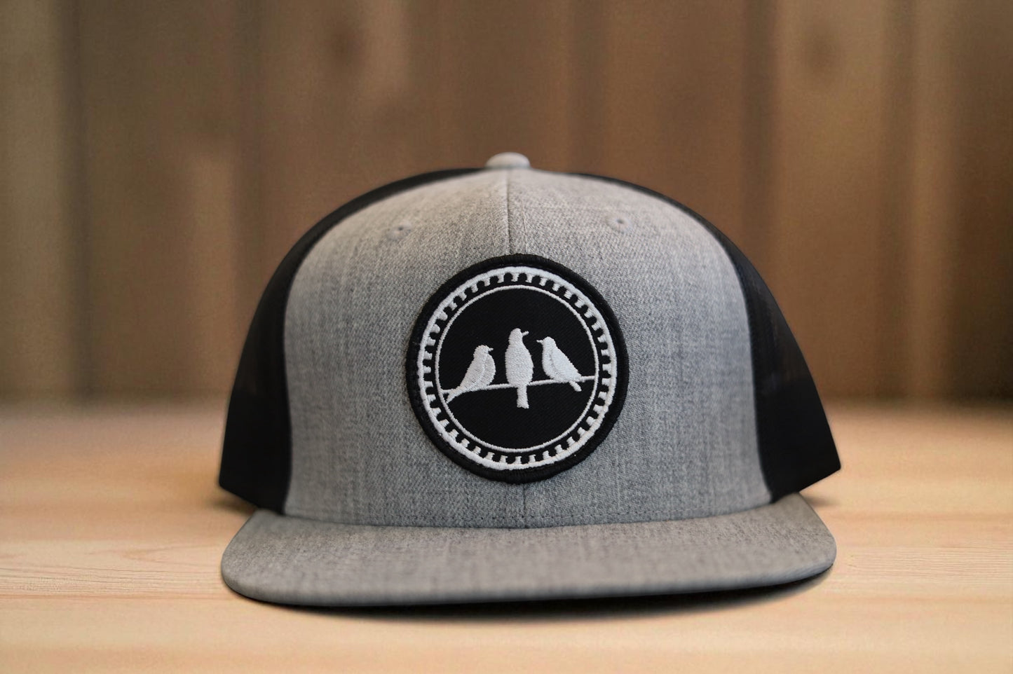 3 Bird Lifestyle Wool Blend Flat Bill Trucker • Heather Grey & Black • 3 Birds Only Patch