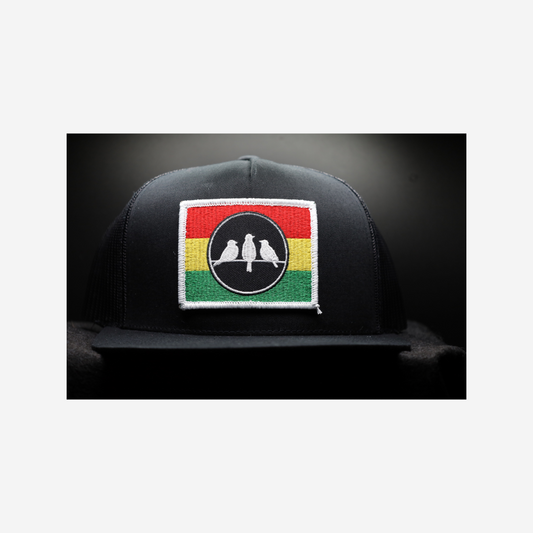 3 Bird Lifestyle Flat Bill Trucker
 • Black and Black • 3 Bird Rasta Flag Patch