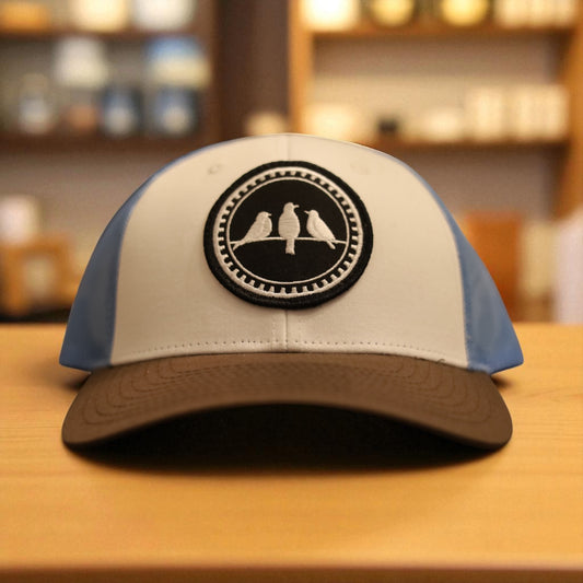 3 Bird Lifestyle Low Profile Trucker Hat • White & Columbia Blue & Brown• 3 Birds Only Patch