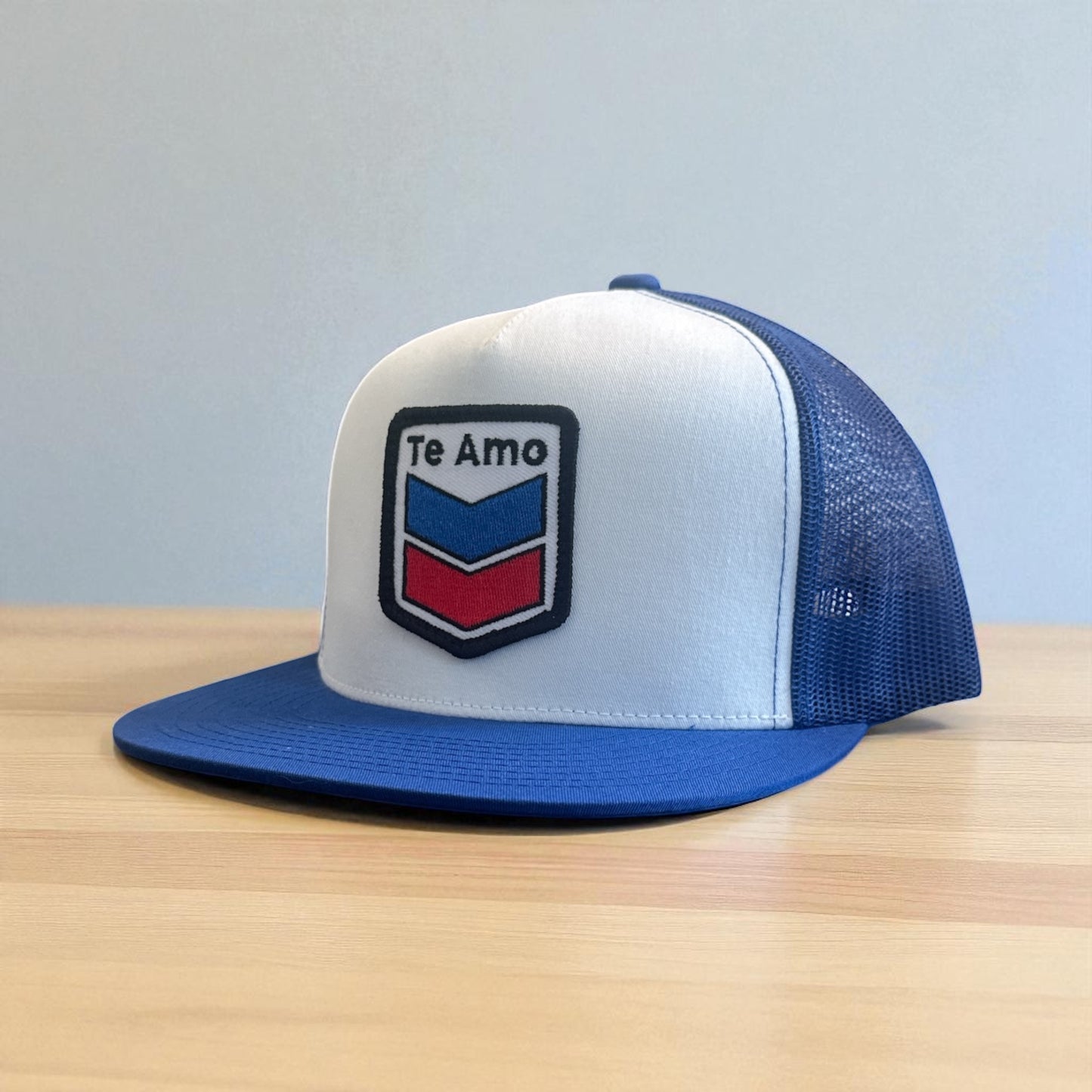 3 Bird Lifestyle Flat Bill Trucker• Royal Blue & White • Te Amo (Blue and Red) Patch
