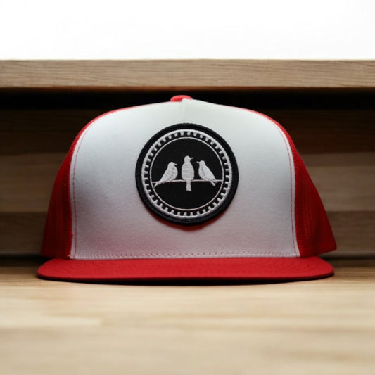 3 Bird Lifestyle Flat Bill Trucker •Red and White •3 Birds Only Patch