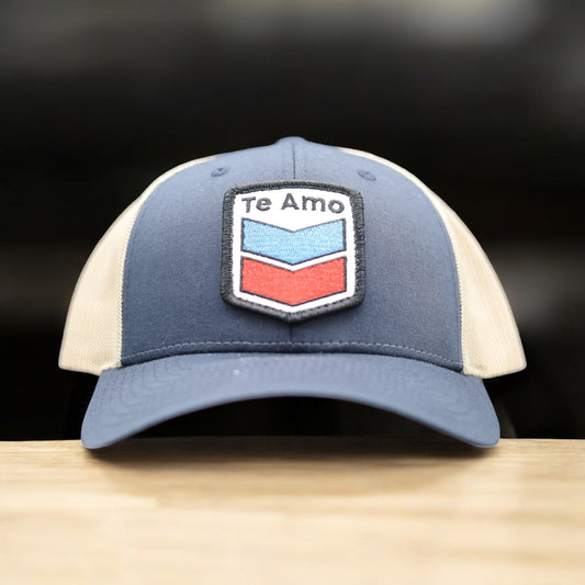3 Bird Lifestyle Low Profile Trucker Hat • Navy / Khaki • Te Amo (Blue and Red) Patch