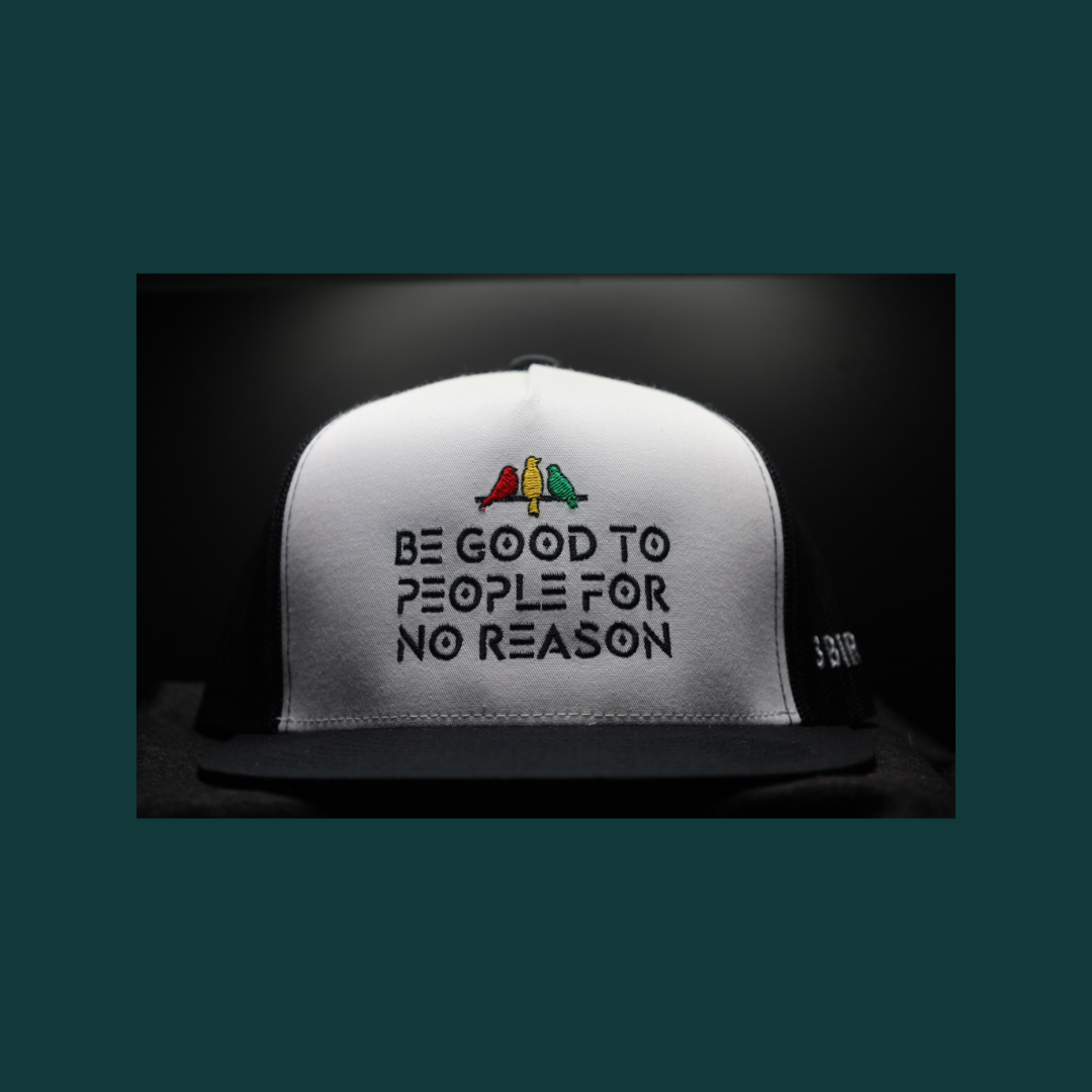 3 Bird Lifestyle Flat Bill Trucker • White & Black• Be Good To People For No Reason • Rasta Birds