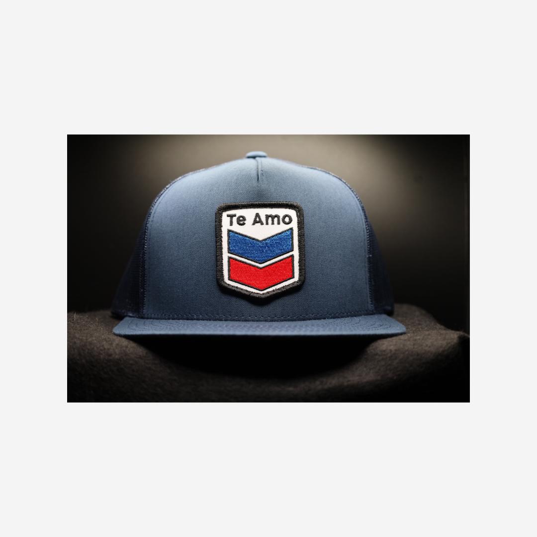 3 Bird Lifestyle Flat Bill Trucker • Navy • Te Amo (Blue & Red) Patch