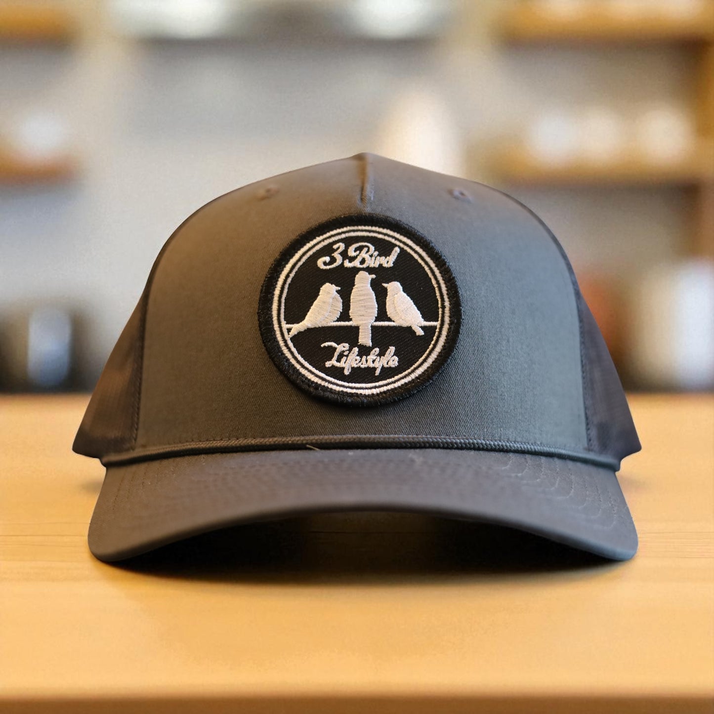 3 Bird Lifestyle Trucker Rope Hat • Charcoal •Embroidered 3 Bird Lifestyle Patch