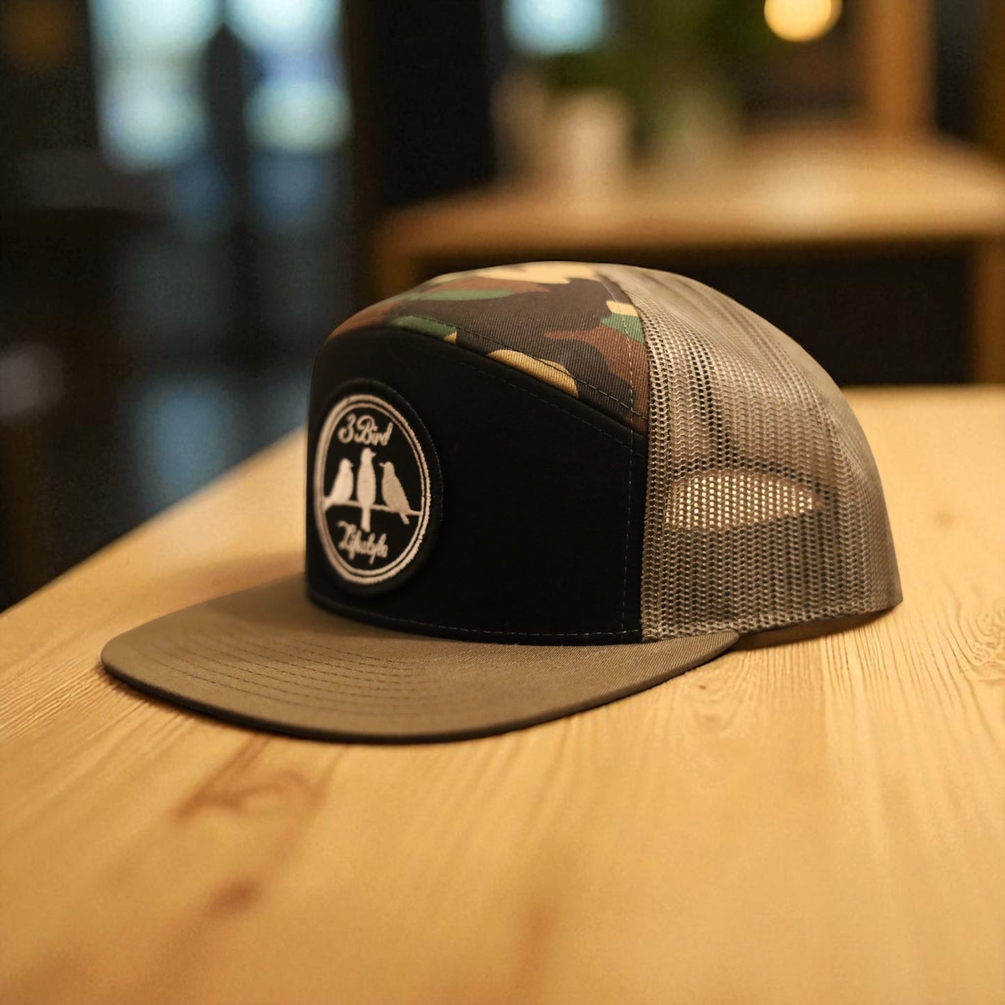 3 Bird Lifestyle Seven-Panel Trucker 
 •Black & Camo & Loden • 3 Bird Lifestyle Patch