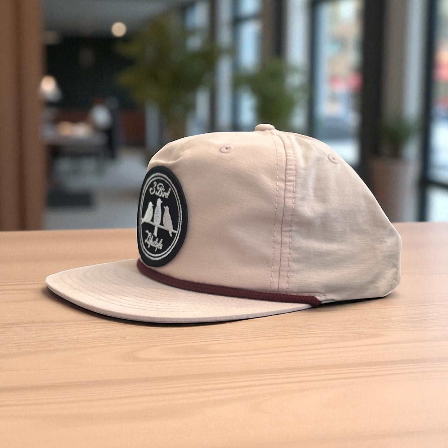 3 Bird Lifestyle Grandpa Rope Hat • Pale Peach with Maroon Rope • 3 Bird Lifestyle Patch