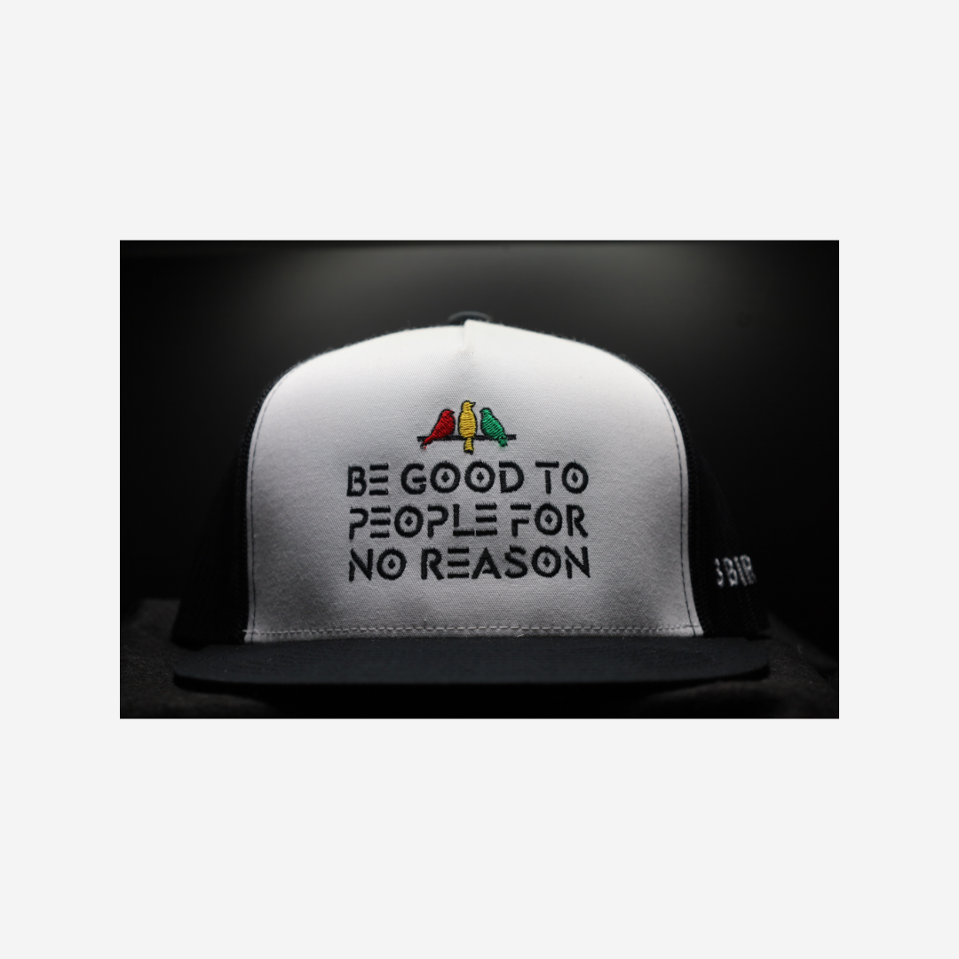 3 Bird Lifestyle Flat Bill Trucker • White & Black• Be Good To People For No Reason • Rasta Birds