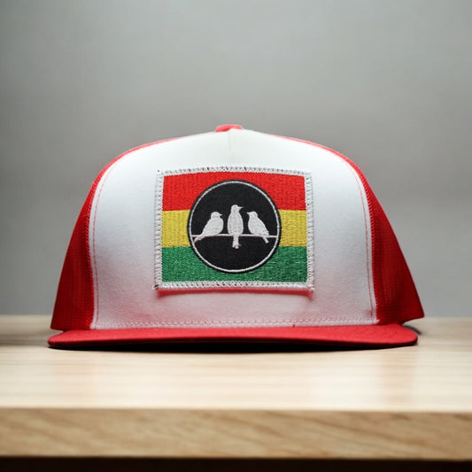 3 Bird Lifestyle Flat Bill Trucker •Red and White • 3 Bird Rasta Flag Patch