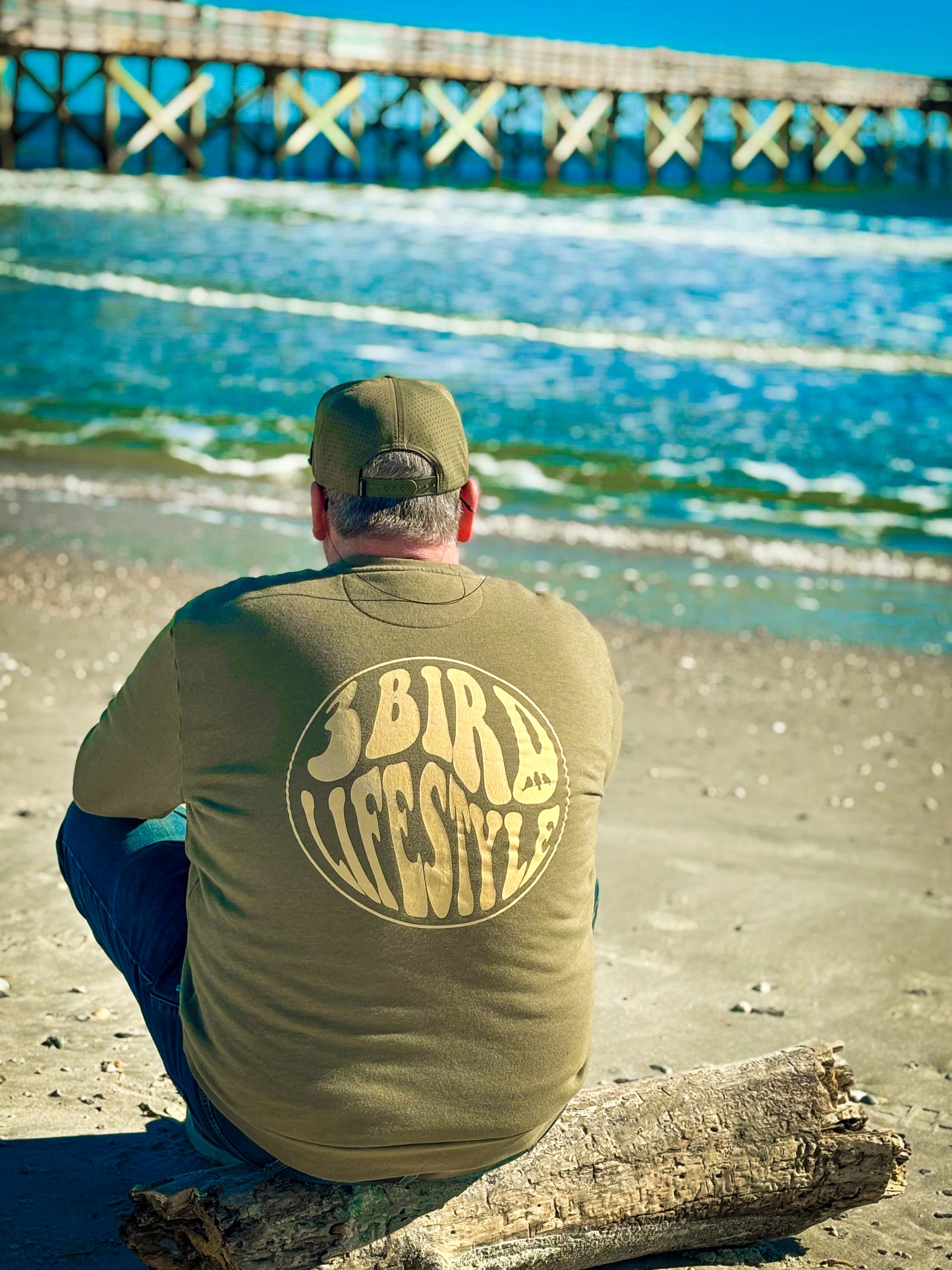 3 Bird Lifestyle Crewneck Sweatshirt • Be Good To People For No Reason • Military Green & Tan