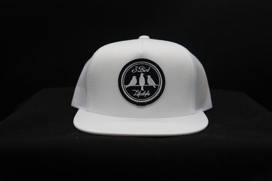 Old School Flat Bill Trucker •White • 3 Bird Lifestyle Patch