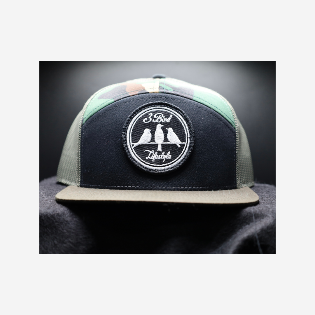 3 Bird Lifestyle Seven-Panel Trucker 
 •Black & Camo & Loden • 3 Bird Lifestyle Patch