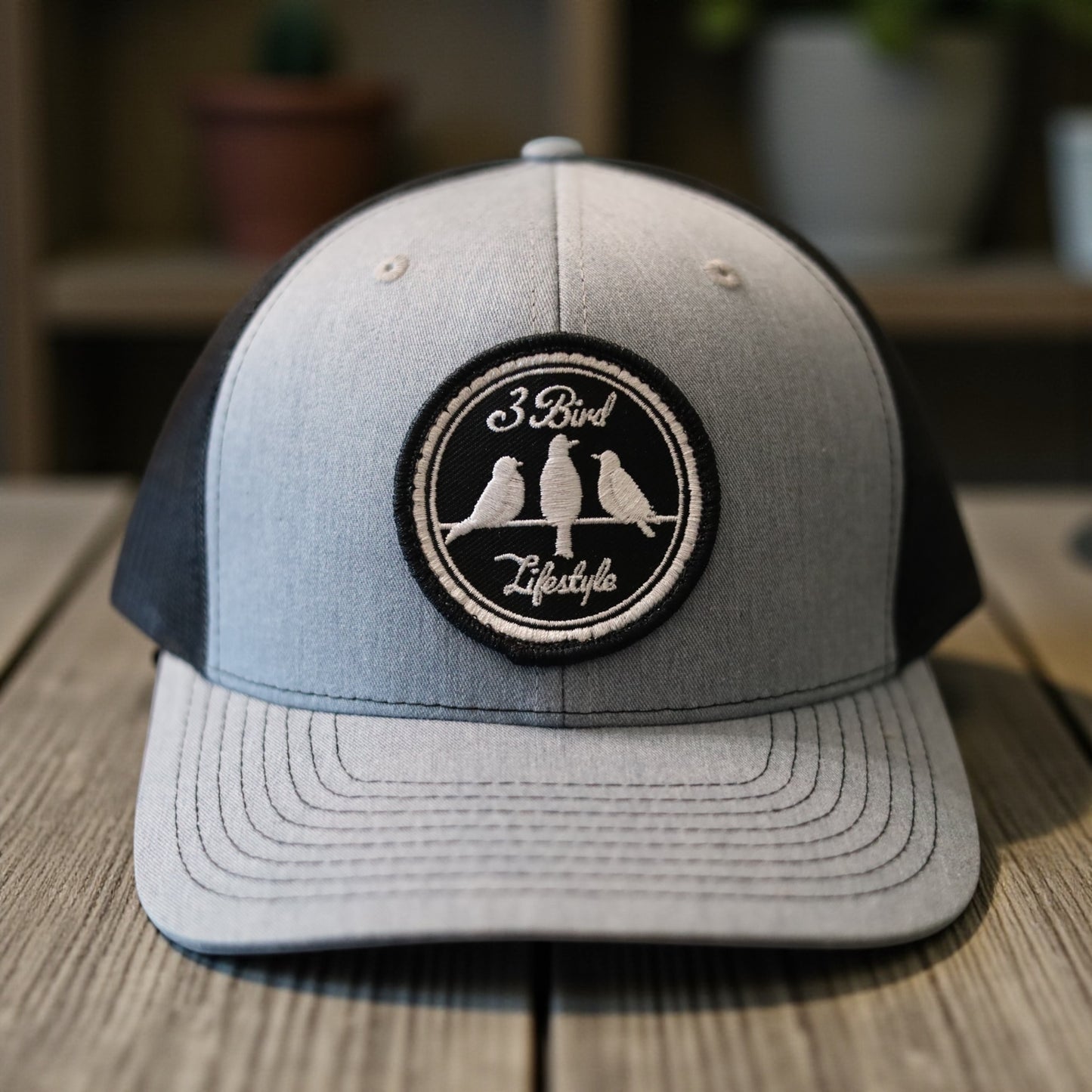 3 Bird Lifestyle Trucker Hat • Grey & Black • Embroidered Patch 3 Bird Lifestyle