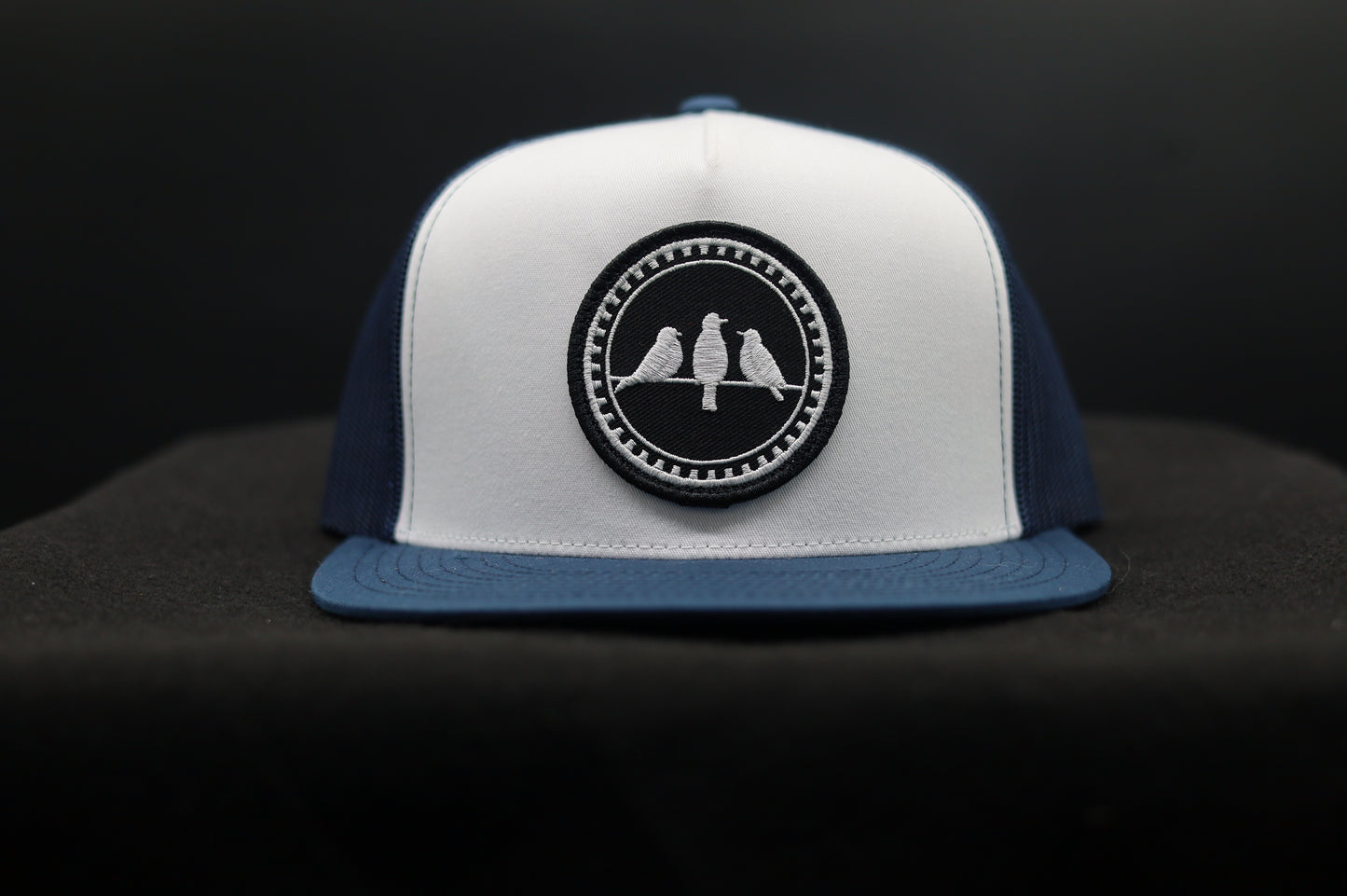 Old School Flat Bill Trucker • Navy & White • 3 Birds Only Patch