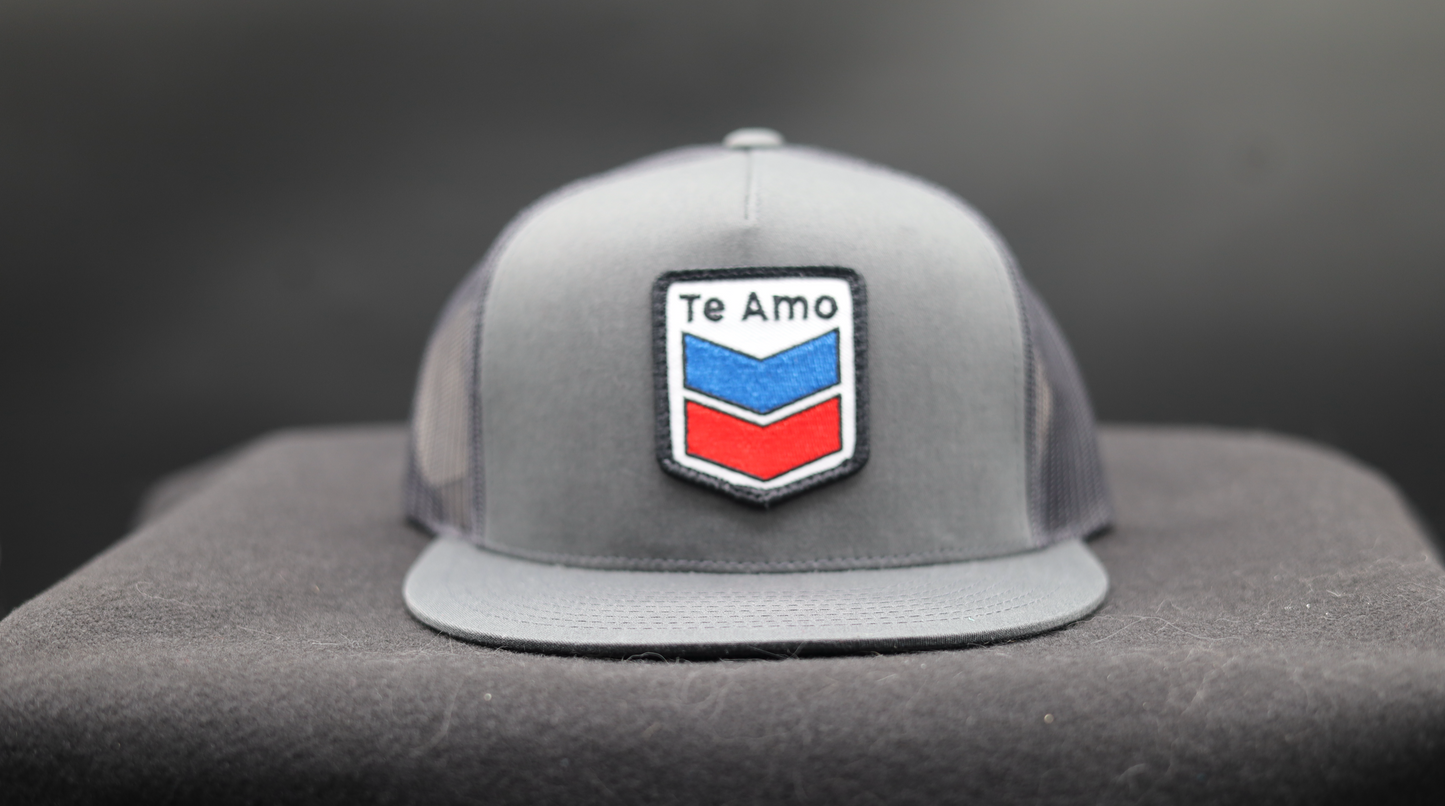 Old School Flat Bill Trucker • Charcoal • Te Amo (Blue & Red) Patch