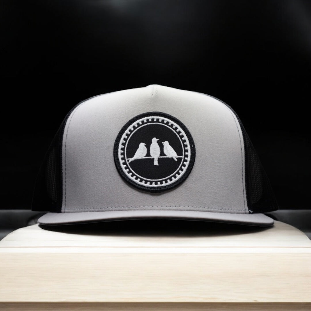 3 Bird Lifestyle Flat Bill Trucker • Silver & Black • 3 Birds Only Patch