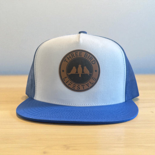 3 Bird Lifestyle Flat Bill Trucker • Royal Blue & White • 3 Bird Lifestyle Leather Patch