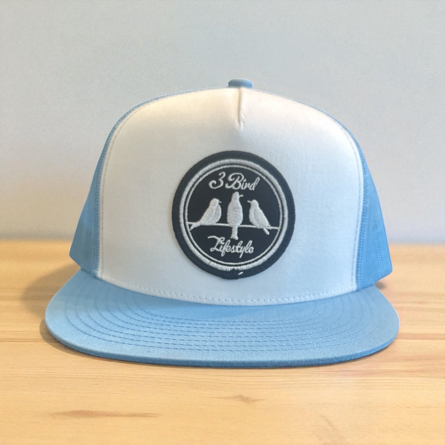 3 Bird Lifestyle Flat Bill Trucker •Carolina Blue & White • 3 Bird Lifestyle Patch