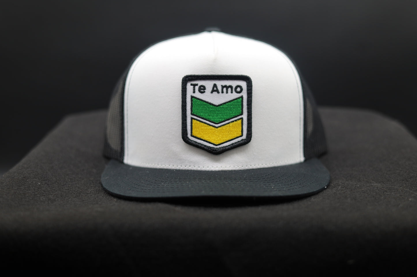 Old School Flat Bill Trucker • Black & White • Te Amo (Jamaica) Patch