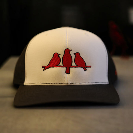 3 Bird Lifestyle Trucker Hat • White / Black • Embroidered Red Birds