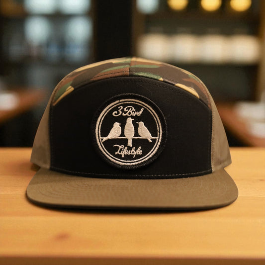 3 Bird Lifestyle Seven-Panel Trucker 
 •Black & Camo & Loden • 3 Bird Lifestyle Patch
