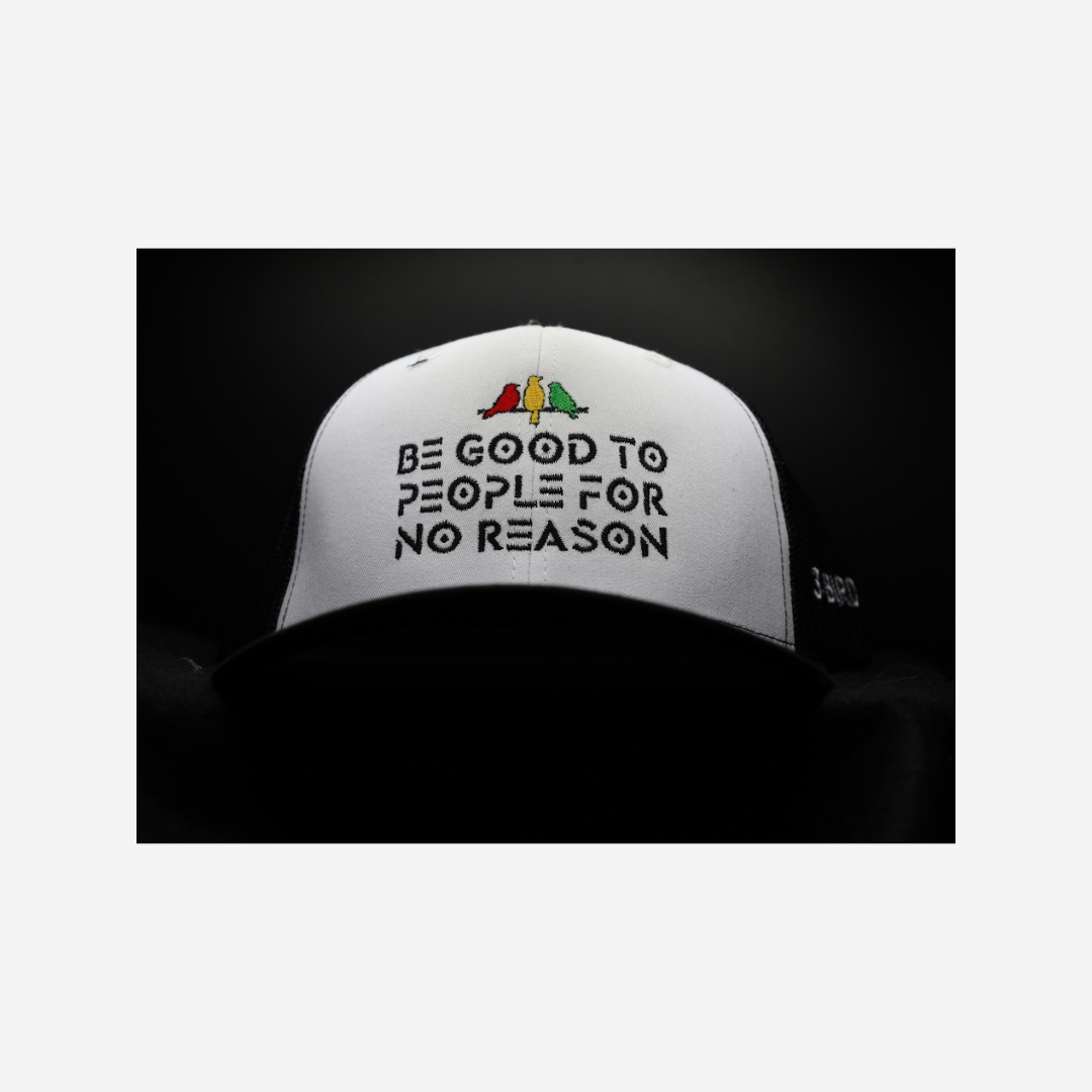 3 Bird Lifestyle Trucker Hat • White & Black• Be Good To People For No Reason