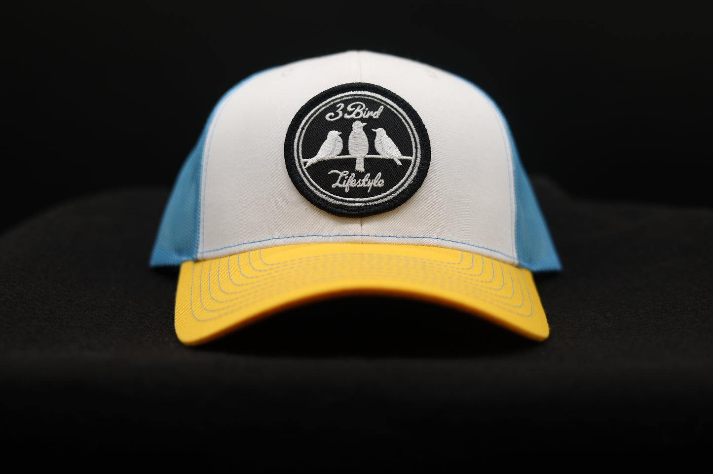 3 Bird Lifestyle Trucker Hat • White & Columbia Blue & Yellow • 3 Bird Lifestyle Patch