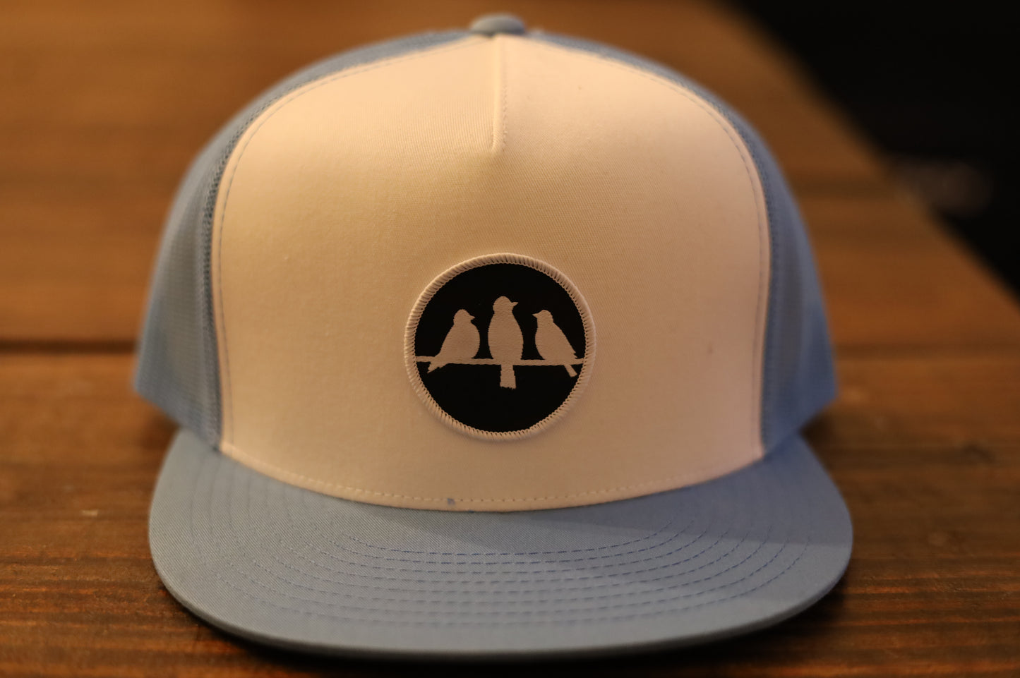 Old School Flat Bill Trucker • Carolina Blue & White• Birds Only Small Patch