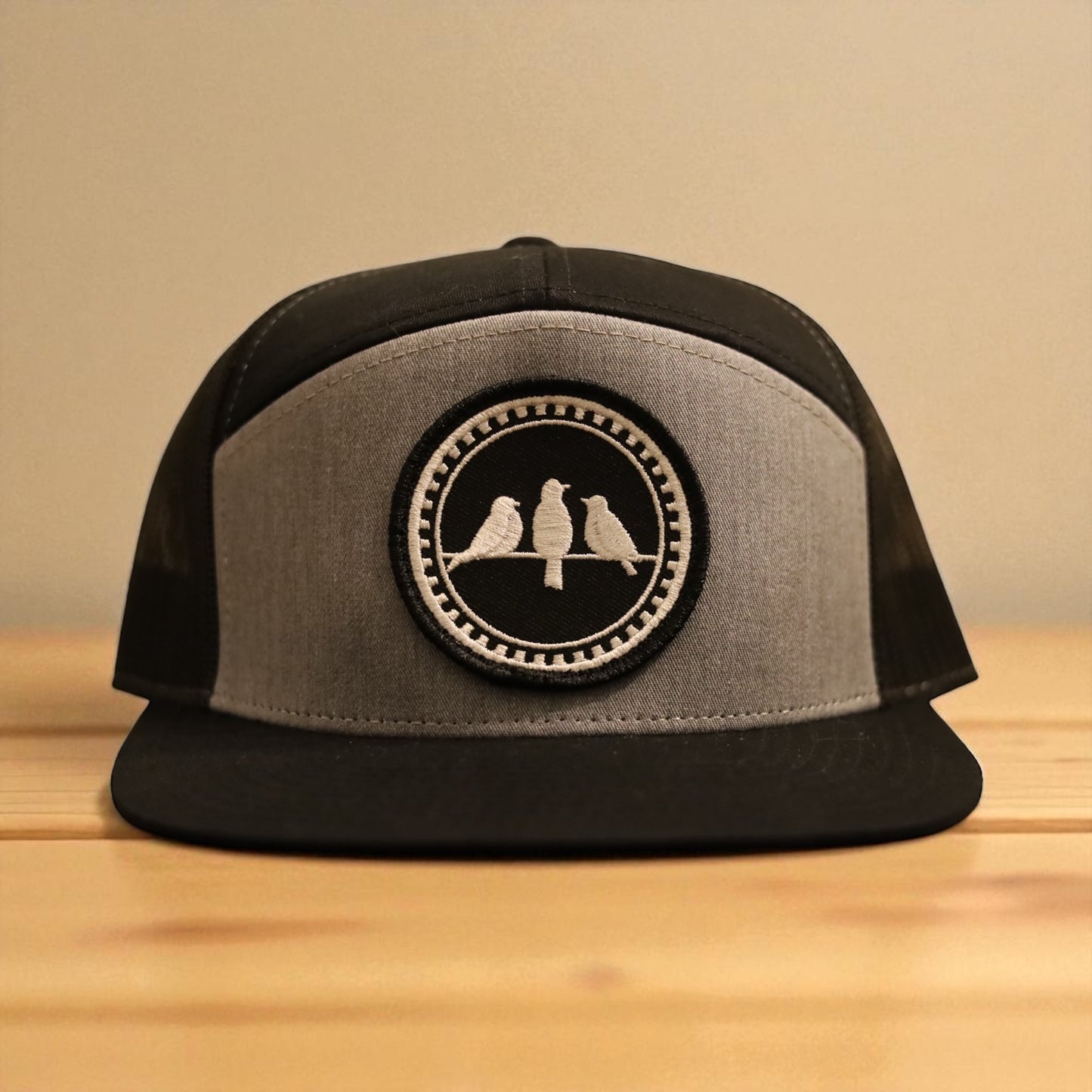 3 Bird Lifestyle Seven-Panel Trucker • Heather Grey & Black • 3 Birds Only Patch