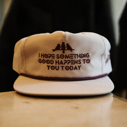 3 Bird Lifestyle Grandpa Rope Hat • Pale Peach with Maroon Rope • I Hope Something Good Happens To You Today
