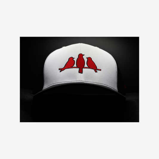 3 Bird Lifestyle Trucker Hat • White / Black • Embroidered Red Birds