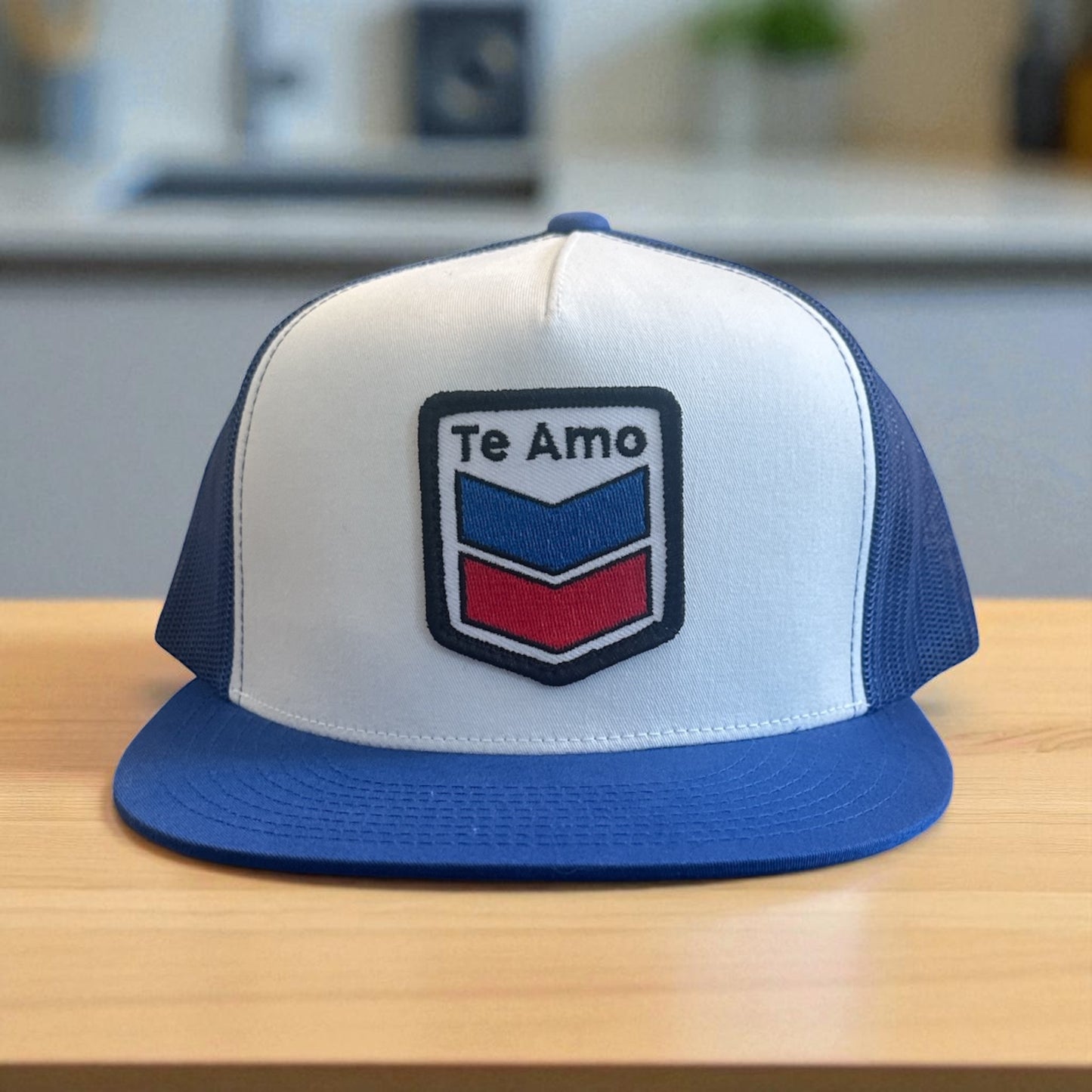 3 Bird Lifestyle Flat Bill Trucker• Royal Blue & White • Te Amo (Blue and Red) Patch