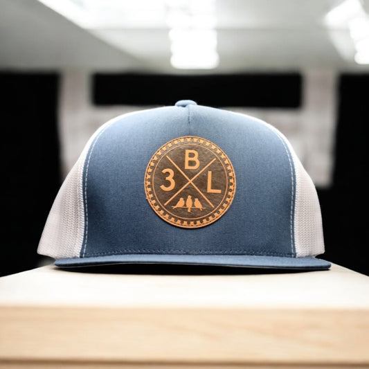 3 Bird Lifestyle Flat Bill Trucker • Navy & White • 3 Bird Lifestyle Leather Patch