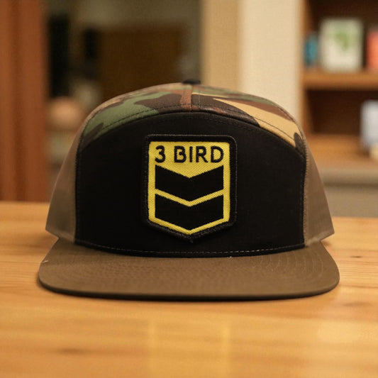 3 Bird Lifestyle Seven-Panel Trucker 
 •Black & Camo & Loden • 3 Bird Patch