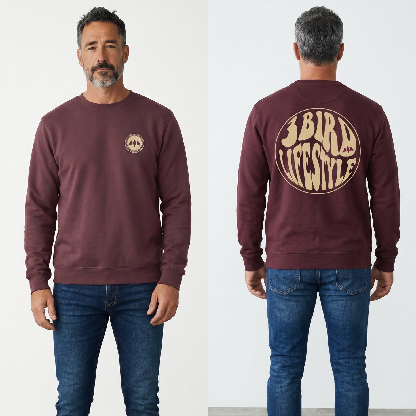 3 Bird Lifestyle Crewneck Sweatshirt • Be Good To People For No Reason • Maroon and Tan