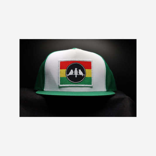 3 Bird Lifestyle Flat Bill Trucker
 •Green and White • 3 Bird Rasta Flag Patch